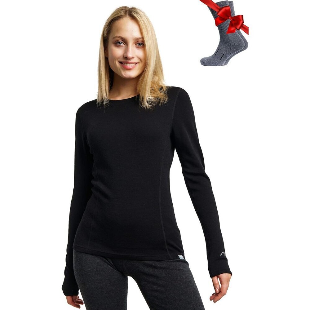 Women Merino Wool Base Layer Heavyweight Thermal Shirt Socks Set